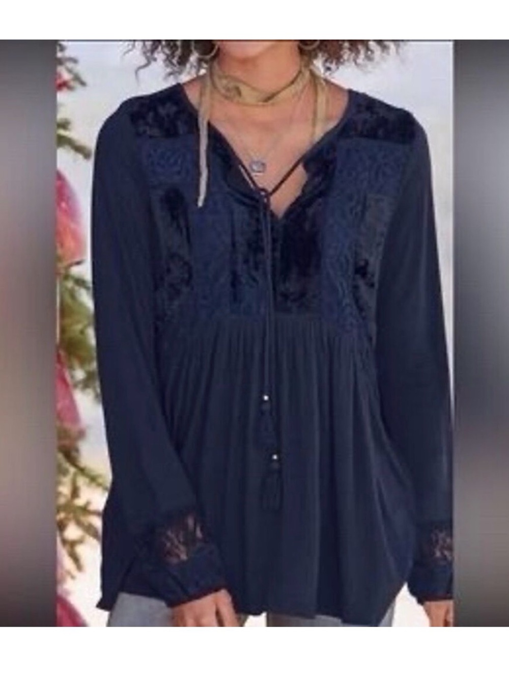 Whimsy goth Lace & Velvet boho peasant top black Sundance Sz l